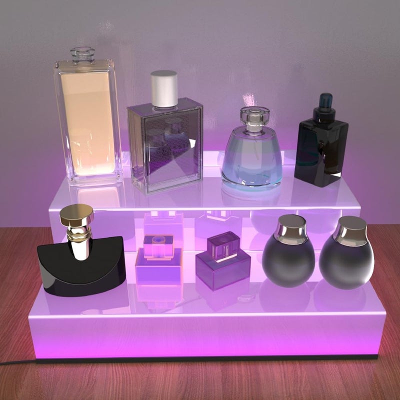 YMVV 12 Inch Clear Acrylic Shelf for Perfume Organizer with LED Light, Large 2 Tier Cologne Organizer Tiered Riser Display Stand,Acrylic Display for Decoration - Image 4